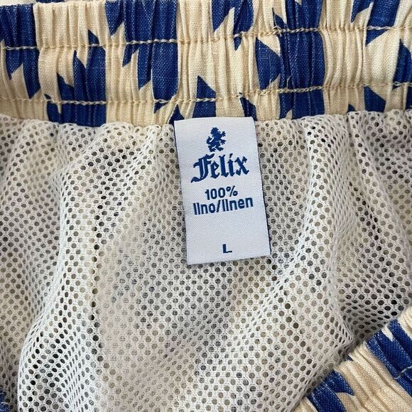 Felix Large Blue Cream Ikat Geometric Pull-On Linen Shorts Size Large - Picture 4 of 6